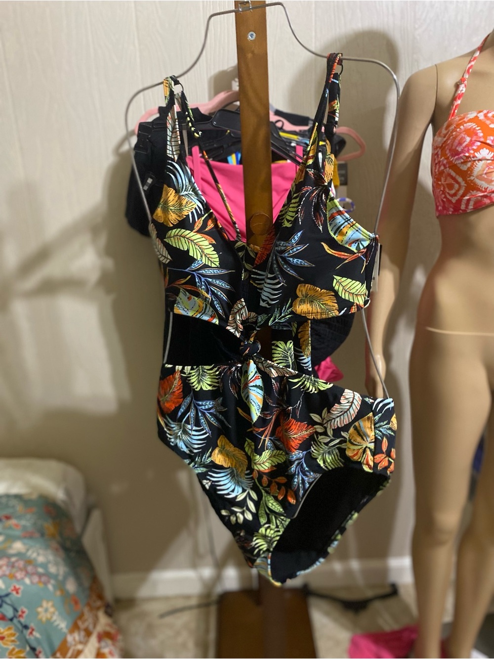 Bar III Black Tropical Leaf One-Piece Swimsuit